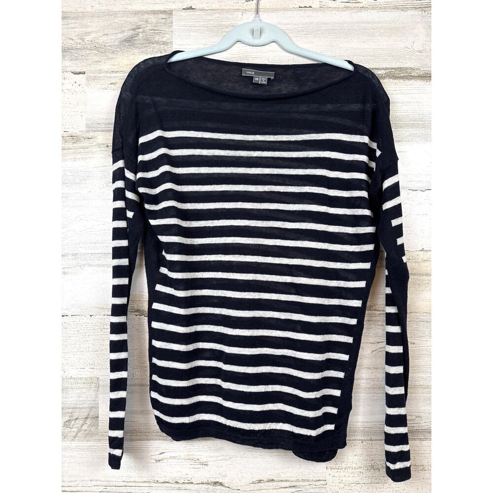 Vince Womens XS Navy Blue White Stripe 100% Linen Knit Long Sleeve Summer Top